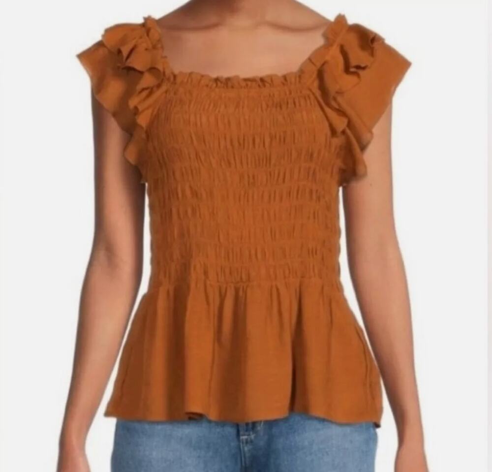 Nanette Lapore Smocked Ruffle Fairy Top Sz S Brown Orange Blouse Forrestcore
